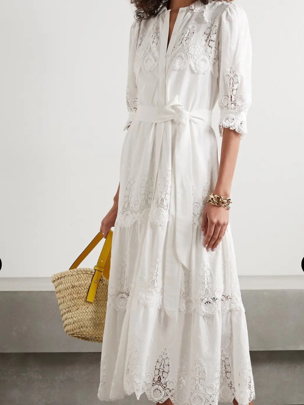 Miguelina Ophelia Belted Crochet-Trimmed Embroidered Voile Midi Dress | NEW SZ L